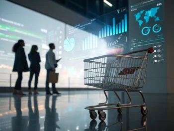 Carrito de compras metálico en primer plano rodeado de visualizaciones de datos brillantes, como gráficos y mapas de calor, en una interfaz moderna de e-commerce, con fondo desenfocado y siluetas humanas difusas.