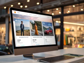 Escaparate digital con imágenes de productos optimizadas y vibrantes en un dashboard de ecommerce, mostrando iconos de reducción de tamaño de archivo y formatos como WebP, con fondo desenfocado y colores intensos.