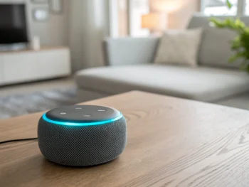 Altavoz inteligente moderno y elegante, con anillo LED encendido, colocado en el centro de una mesa de madera, con un fondo de sala de estar suavemente desenfocado.