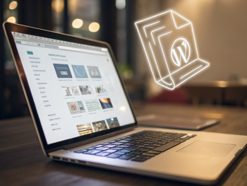 Foto simbólica de un archivo de imagen comprimido y translúcido flotando sobre una laptop con el panel de WordPress, rodeado de íconos borrosos de JPG, PNG y WebP sobre un fondo desenfocado y una atmósfera iluminada que resalta la optimización digital.