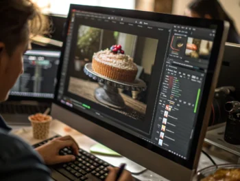 Primer plano de un monitor que muestra una fotografía digital de alta resolución siendo procesada en un software de compresión de imágenes. Controles deslizantes y herramientas de edición rodean la imagen, mientras unas manos ajustan suavemente los controles digitales. El fondo está desenfocado, y el enfoque está en los detalles de la foto y la interfaz tecnológica. No hay personas identificables en la escena.