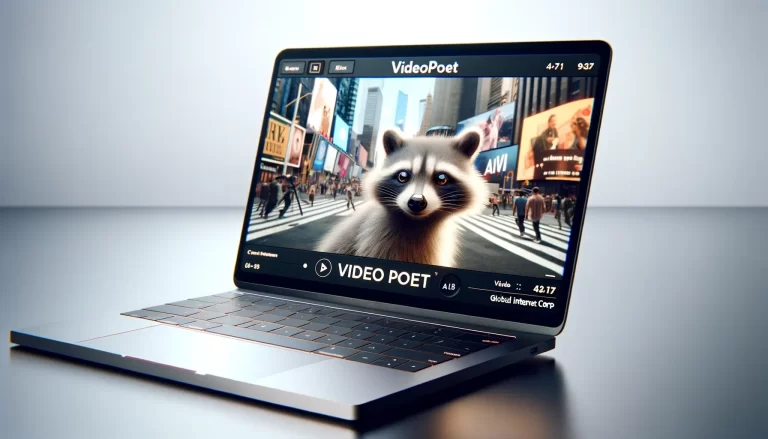 A modern, sleek laptop displaying a creative user interface of an AI video generation software, showing a video of a raccoon in Times Square. The scene is minimalist, with a focus on the laptop and the AI interface. Include the text 'VideoPoet' on the laptop screen. The background is a simple, light color, enhancing the focus on the laptop. In the corner, add a signature that reads 'Global Internet Corp.'