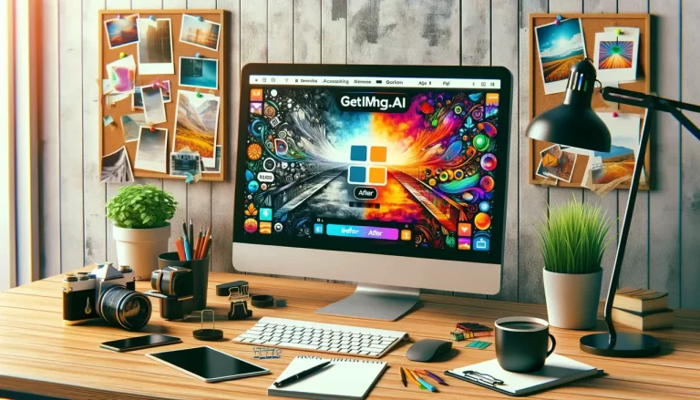 A creative workspace with a computer displaying the Getimg.ai interface, showcasing a before and after of an image being edited. The scene should be vibrant, illustrating the ease and accessibility of the tool. Include elements like a camera, notepad, and a cup of coffee, portraying a casual yet productive environment ideal for creative work. The image should be dynamic, colorful, and highlight the user-friendly nature of Getimg.ai. Add the signature 'Global Internet Corp.' in the bottom right corner.