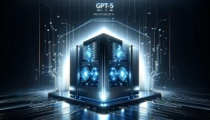 A futuristic and minimalistic image of a supercomputer with glowing elements, symbolizing the advanced technology and processing power of GPT-5. The supercomputer is in a high-tech environment, with sleek designs and ambient blue lighting to give a sense of cutting-edge technology. Include the text 'GPT-5: The Future of AI' in a modern font.
