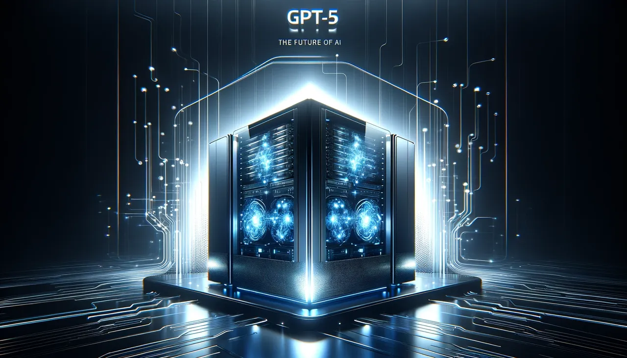 A futuristic and minimalistic image of a supercomputer with glowing elements, symbolizing the advanced technology and processing power of GPT-5. The supercomputer is in a high-tech environment, with sleek designs and ambient blue lighting to give a sense of cutting-edge technology. Include the text 'GPT-5: The Future of AI' in a modern font.