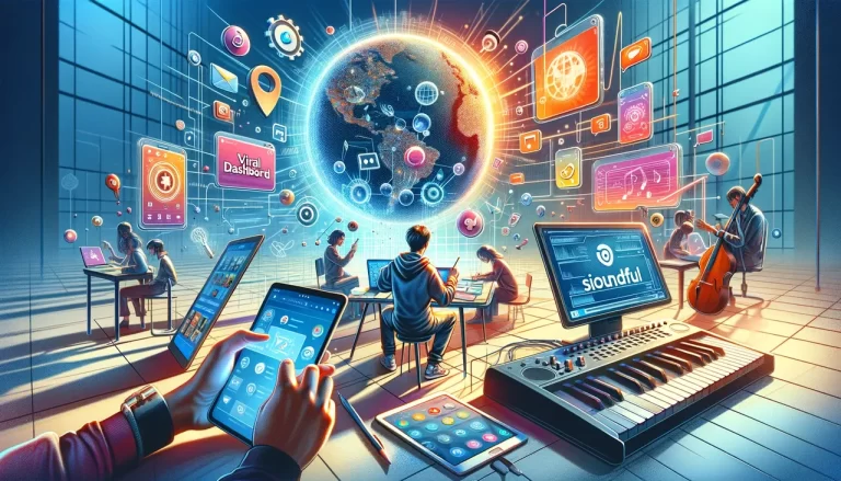 A creative and imaginative depiction of a person using multiple tech devices to engage with various platforms: browsing ViralDashboard on a tablet, participating in a StudyFetch virtual class on a laptop, creating a virtual character on KreadoAI using a desktop computer, and composing music on Soundful with a digital audio workstation. The setting should be modern and dynamic, symbolizing the seamless integration of technology in our daily lives. Bright and lively colors should be used to make the image engaging and appealing. Include a 'Global Internet Corp.' signature in the lower right corner.