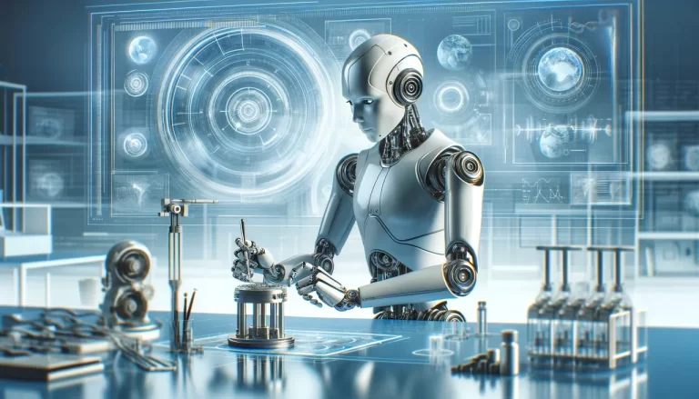A sleek, modern humanoid robot working in a high-tech laboratory environment. The robot is portrayed as engaged in some complex task, surrounded by futuristic technology and equipment. The background should be minimalist yet convey a sense of advanced technology. Include the signature 'Global Internet Corp.' in the lower right corner.