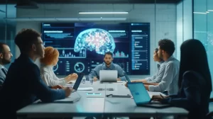A photo-realistic image showing a high-tech AI conference room where a diverse team of AI experts are in a meeting. The room features modern furnishings, a large digital display screen showing AI algorithms, and participants using advanced technological devices like tablets and laptops. The team members, representing different ethnicities, are actively engaged in discussion, symbolizing global collaboration in AI research. The environment is professional and sleek, with natural lighting to enhance the realism. Include the signature 'Global Internet Corp.' in the bottom right corner.