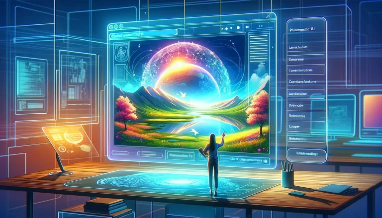 A vibrant and minimalistic illustration of a person interacting with a futuristic AI interface, showcasing the generation of photorealistic images from textual descriptions. The scene is set in a modern, digital workspace, with a large, transparent touch screen displaying a beautiful, detailed landscape image that seems to be materializing from the user's typed command. The user is depicted with a look of awe and satisfaction. The overall color scheme is bright and welcoming, emphasizing innovation and creativity. Include the signature "Global Internet Corp." in the bottom right corner.