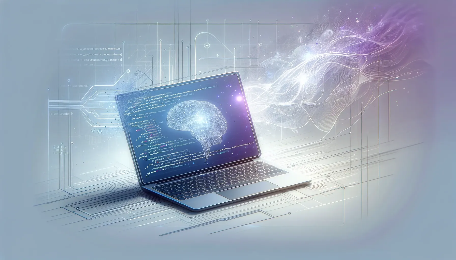 imagen ilustra el concepto de inteligencia artificial y codificación, mostrando un portátil elegante rodeado de patrones digitales abstractos que representan el flujo de datos y las redes neuronales. Este diseño minimalista y moderno refleja las vastas posibilidades de la IA con un esquema de colores futuristas.