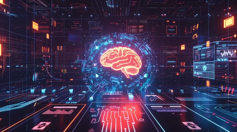 A vibrant and visually striking image that represents the concept of AI-driven innovation in creating and sharing digital documentation. Feature a central, glowing AI brain icon surrounded by various digital elements like graphs, flowcharts, and holographic displays showing data and visual guides. The scene is set against a futuristic, digital landscape background, suggesting a high-tech environment. The color palette should include electric blues, purples, and neon accents to convey a sense of advanced technology. Include 'Global Internet Corp.' signature in the bottom right corner. Size: '1792x1024'