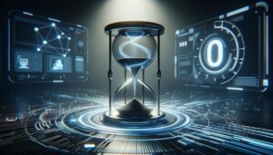 Reloj de arena digital con flujos de datos, simbolizando el tiempo de carga de una página web en un entorno digital minimalista.