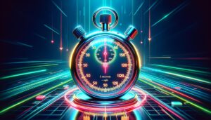 Cronómetro con tres segundos en el dial, sobre un fondo desenfocado que representa una interfaz digital, simboliza la carga rápida de páginas web.