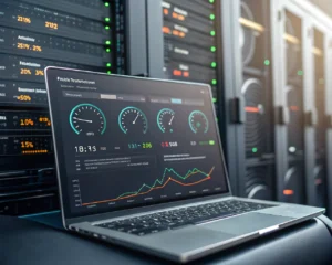 Panel de rendimiento digital que muestra métricas de velocidad y optimización de un sitio web, rodeado de elementos abstractos que representan el flujo de datos.
