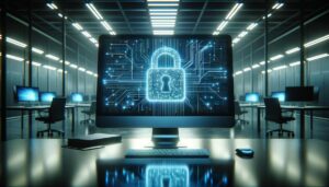 Monitor de computadora que muestra líneas de código y un ícono de candado digital en una oficina moderna con luz azul de fondo, simbolizando la ciberseguridad.