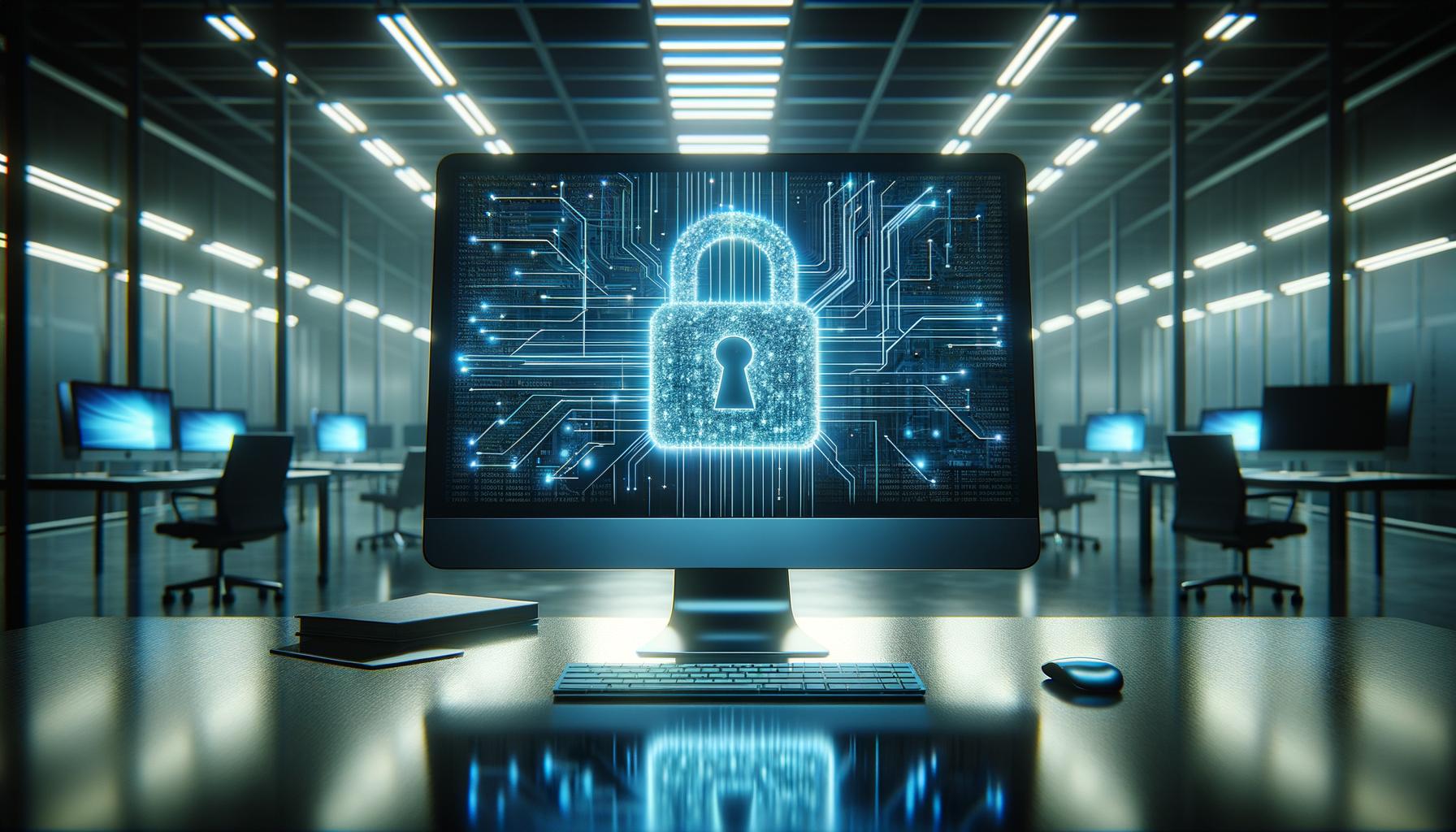 Monitor de computadora que muestra líneas de código y un ícono de candado digital en una oficina moderna con luz azul de fondo, simbolizando la ciberseguridad.