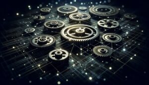 Engranajes metálicos interconectados en movimiento, iluminados con luz de fondo, simbolizando la integración de plataformas de ecommerce.