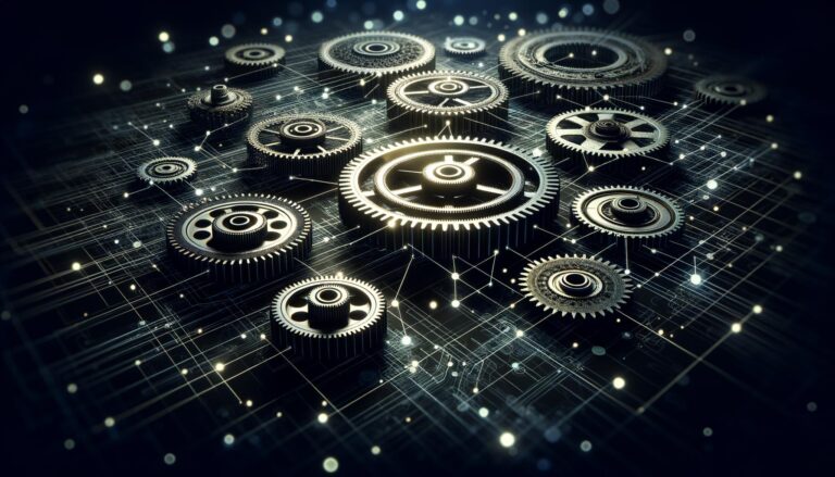 Engranajes metálicos interconectados en movimiento, iluminados con luz de fondo, simbolizando la integración de plataformas de ecommerce.