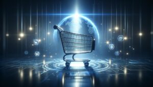 Ícono de carrito de compras digital con aura luminosa en un entorno online desenfocado, simbolizando el crecimiento del eCommerce.