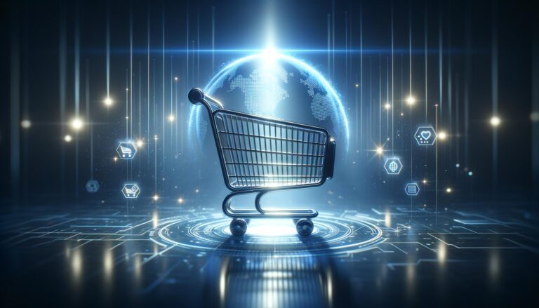 Ícono de carrito de compras digital con aura luminosa en un entorno online desenfocado, simbolizando el crecimiento del eCommerce.