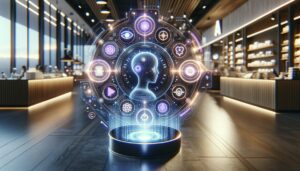 Interfaz holográfica de chatbot IA en un entorno retail moderno con diseño elegante y tecnología avanzada.