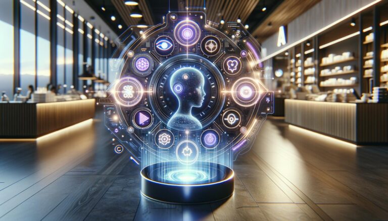 Interfaz holográfica de chatbot IA en un entorno retail moderno con diseño elegante y tecnología avanzada.