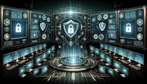 Interfaz de ciberseguridad de alta tecnología con escudos digitales y candados, en un centro de control virtual con monitores que muestran datos en tiempo real. Enfoque en la protección digital con una composición simétrica y sombras marcadas.