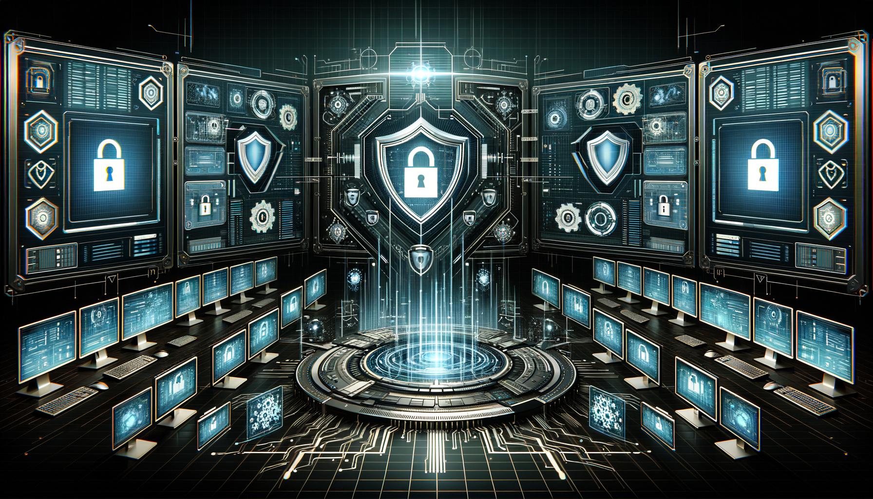 Interfaz de ciberseguridad de alta tecnología con escudos digitales y candados, en un centro de control virtual con monitores que muestran datos en tiempo real. Enfoque en la protección digital con una composición simétrica y sombras marcadas.