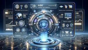 Interfaz de un plataforma de comercio electrónico futurista con elementos interactivos y dinámicos, diseñada para una experiencia de compra personalizada en un ambiente tech avanzado.