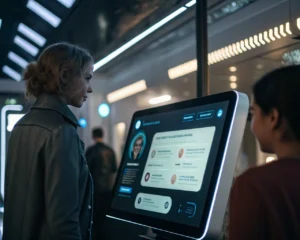 Interfaz de chatbot digital avanzada en una pantalla futurista, destacando burbujas de chat y respuestas AI en un entorno tecnológico con iluminación suave.