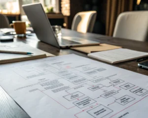 Sitemap detallado sobre un escritorio profesional, mostrando interconexiones de páginas web en un mapa estilo plano, en un entorno elegante y minimalista.