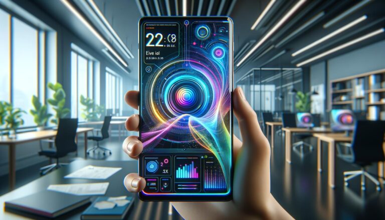 Primer plano de un smartphone con interfaz de IA en una oficina minimalista, mostrando un asistente virtual interactuando con el usuario.