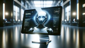 Interfaz avanzada de chatbot en una pantalla moderna, mostrando un mensaje de bienvenida en un ambiente de alta tecnología y minimalista.