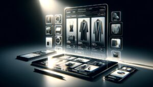 Interfaz digital de recomendaciones de productos personalizadas en una plataforma de comercio electrónico, con un diseño elegante y moderno iluminado con luz suave.