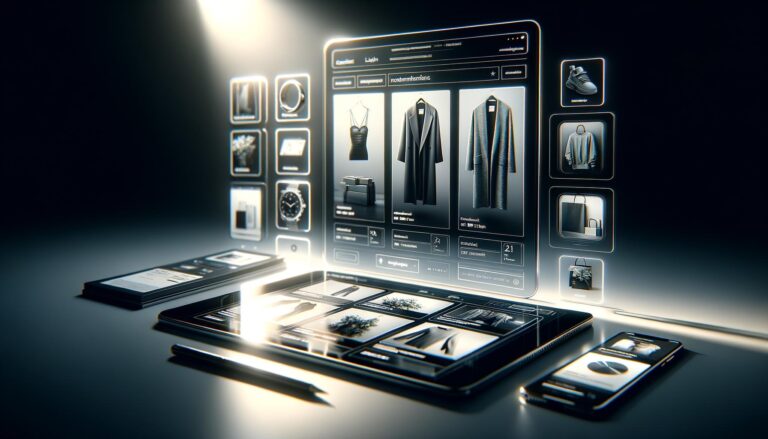 Interfaz digital de recomendaciones de productos personalizadas en una plataforma de comercio electrónico, con un diseño elegante y moderno iluminado con luz suave.