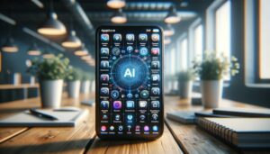 Smartphone con interfaz de inteligencia artificial en un moderno espacio de trabajo minimalista, mostrando íconos de aplicaciones y notificaciones en un entorno bien iluminado.
