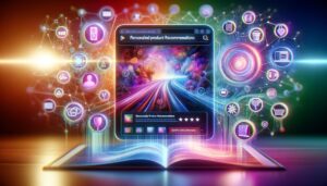 Interfaz digital de recomendaciones personalizadas de productos en una plataforma de compras online, con un fondo abstracto que representa datos y algoritmos, iluminado por un suave resplandor cálido.