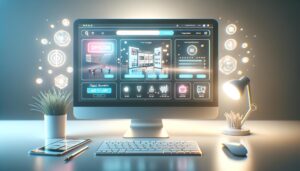 Interfaz de tienda en línea en una computadora, con botón de 'Añadir al carrito' y productos visibles, en un entorno de trabajo minimalista iluminado suavemente.