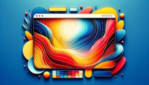 Interfaz digital abstracta con una mezcla de colores cálidos en tonos rojos y amarillos, y colores fríos en tonos azules, mostrando el impacto emocional del diseño; composición minimalista y asimétrica.