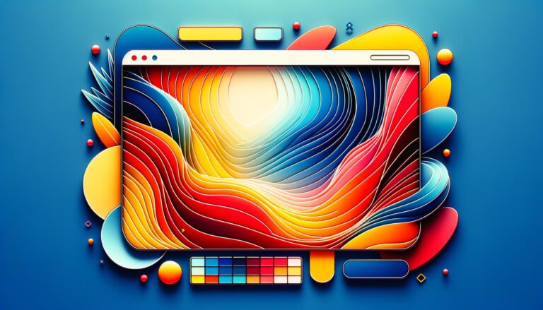 Interfaz digital abstracta con una mezcla de colores cálidos en tonos rojos y amarillos, y colores fríos en tonos azules, mostrando el impacto emocional del diseño; composición minimalista y asimétrica.