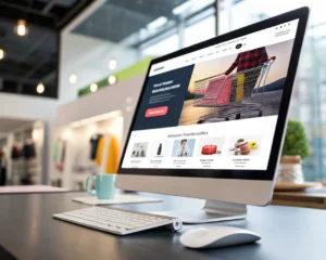 Interfaz de un sitio web de e-commerce de Shopify con un diseño moderno, resaltando imágenes de productos optimizadas en un entorno digital vibrante.