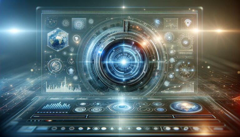 Interfaz digital futurista con análisis de datos generados por inteligencia artificial, mostrando gráficos y estrategias de mercadotecnia. La imagen destaca por su luz suave y su diseño limpio y minimalista.