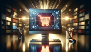 Icono de carrito de compras digital iluminado en una pantalla de computadora en un entorno de trabajo digital moderno, simbolizando el comercio electrónico.