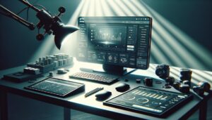 Pantalla de configuración de tienda en Shopify mostrando un tablero digital con listados de productos y análisis, en un entorno de trabajo moderno y profesional.