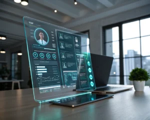 Interfaz de asistente virtual futurista en un entorno de trabajo moderno con fondo oscuro, mostrando datos flotantes y perfiles de usuario en tonos azul y verde.