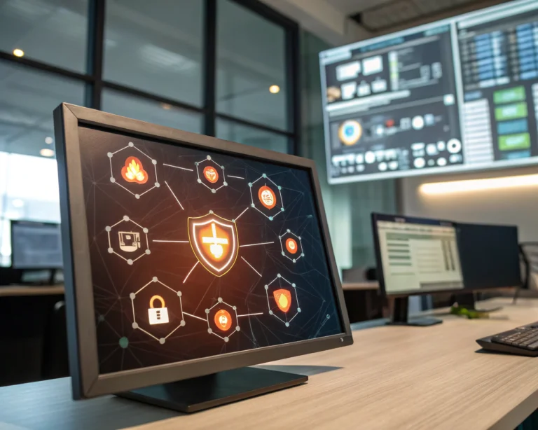 Interfaz de un firewall con iconos brillantes en un entorno de sala de control, resaltando la seguridad digital con sombras marcadas y un diseño simétrico.
