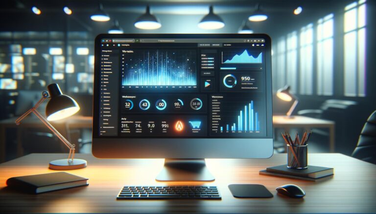 Pantalla de computadora en una oficina moderna mostrando un panel de control de WordPress con métricas de rendimiento y un gráfico de alto tráfico.