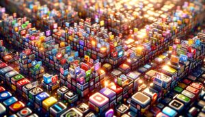 Interfaz de aplicación móvil sobrecargada con botones coloridos y texto, mostrando una alta complejidad visual en un entorno digital.