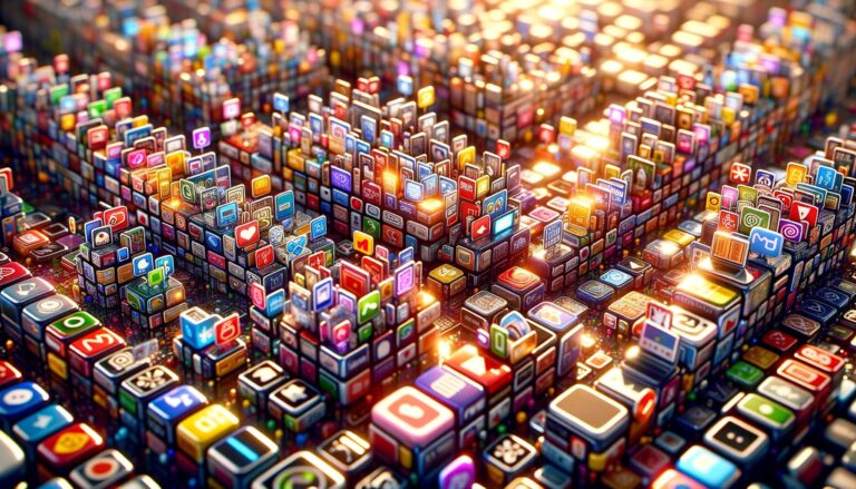 Interfaz de aplicación móvil sobrecargada con botones coloridos y texto, mostrando una alta complejidad visual en un entorno digital.