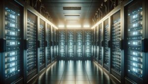 Foto de una sala de servidores con estantes de servidores iluminados suavemente, mostrando un diseño simétrico y tecnología avanzada.
